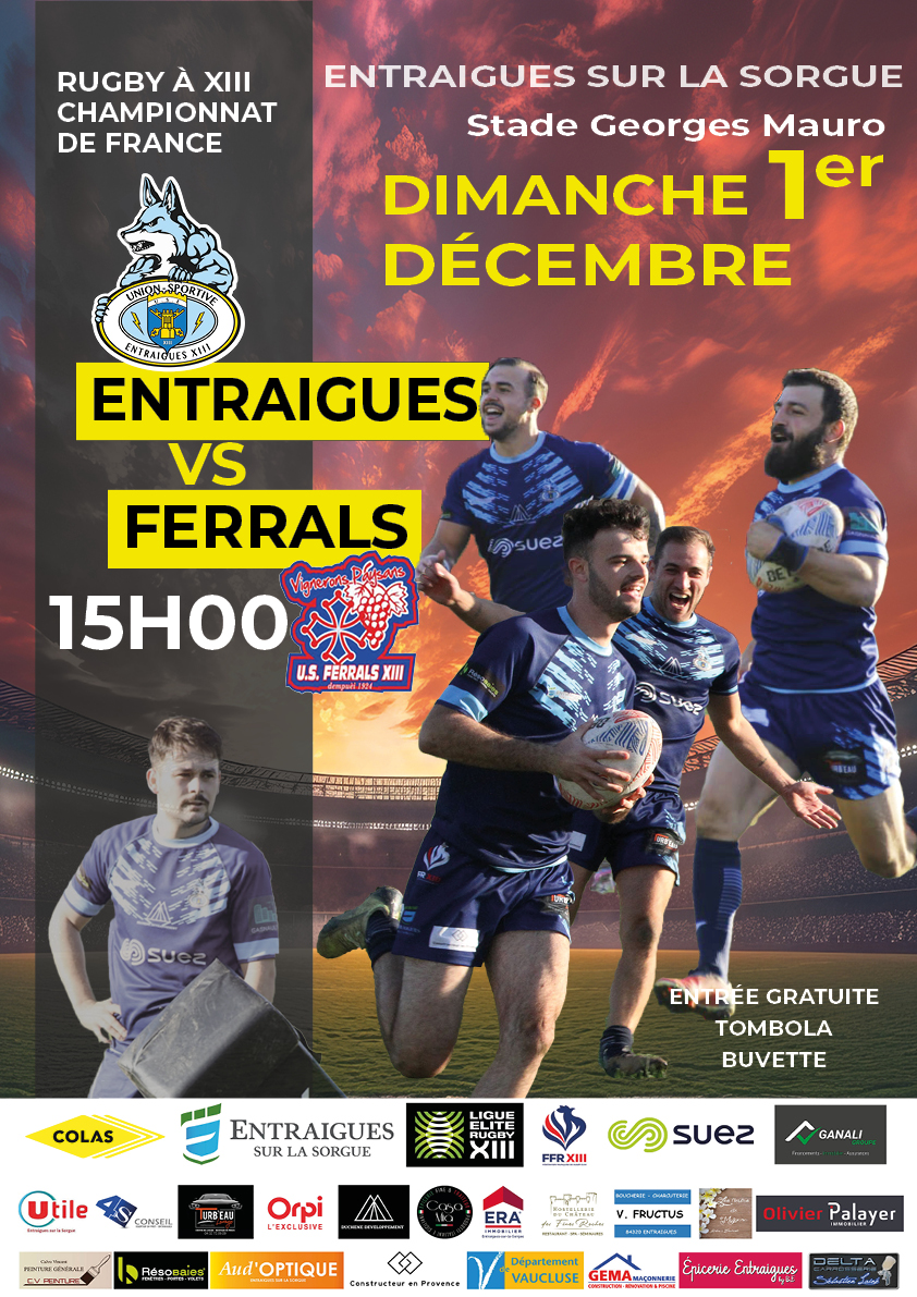 affiche de match championnat de France DN sénior hommes, USEXIII vs FERRALS XIII au stade Georges Mauro à Entraigues sur la Sorgue