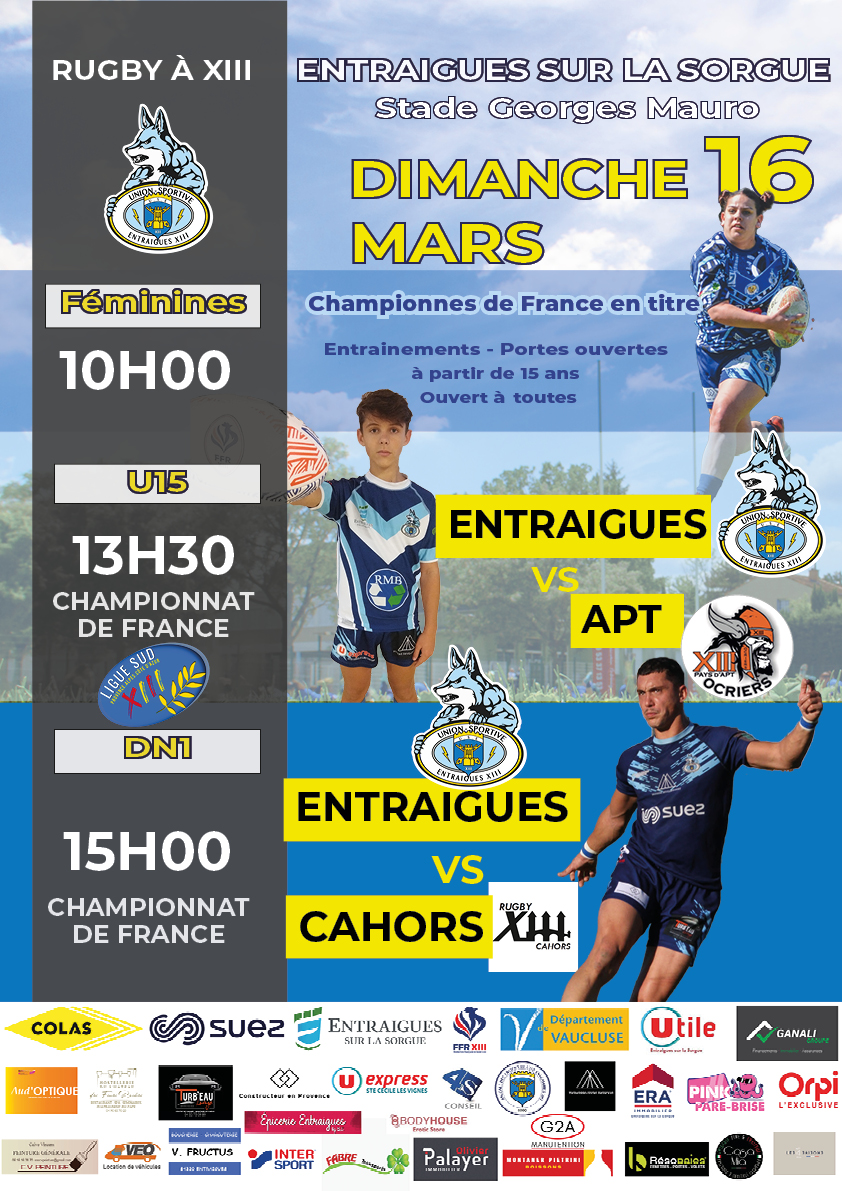 affiche rencontres du dimanche 16 mars - portes ouvertes entrainement catégorie féminines . championnat de france U15 USEXIII contre Apt. sénior USEXIII contre Cahors à 15h00